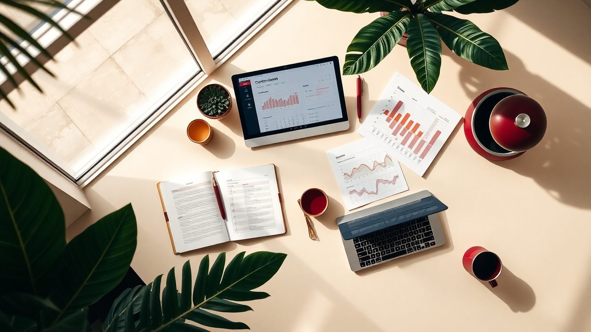 Mesa de trabalho com caderno, calendário editorial impresso e laptop exibindo dashboard de analytics