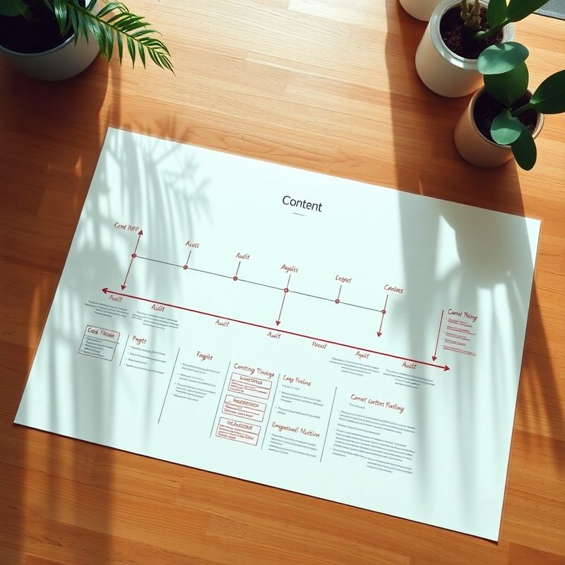 Diagrama impresso de pipeline editorial com anotações em vinho