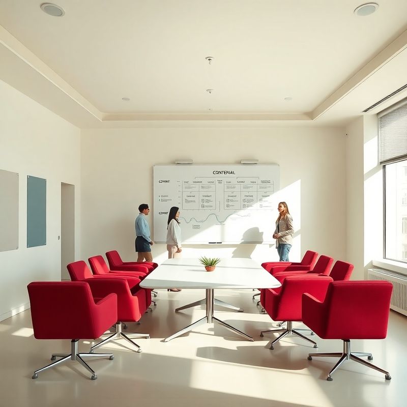Sala de reunião com diagramas de pipeline editorial em quadro branco