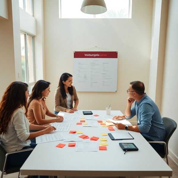 Equipe trabalhando em workshop ao redor de mesa com briefs e post-its